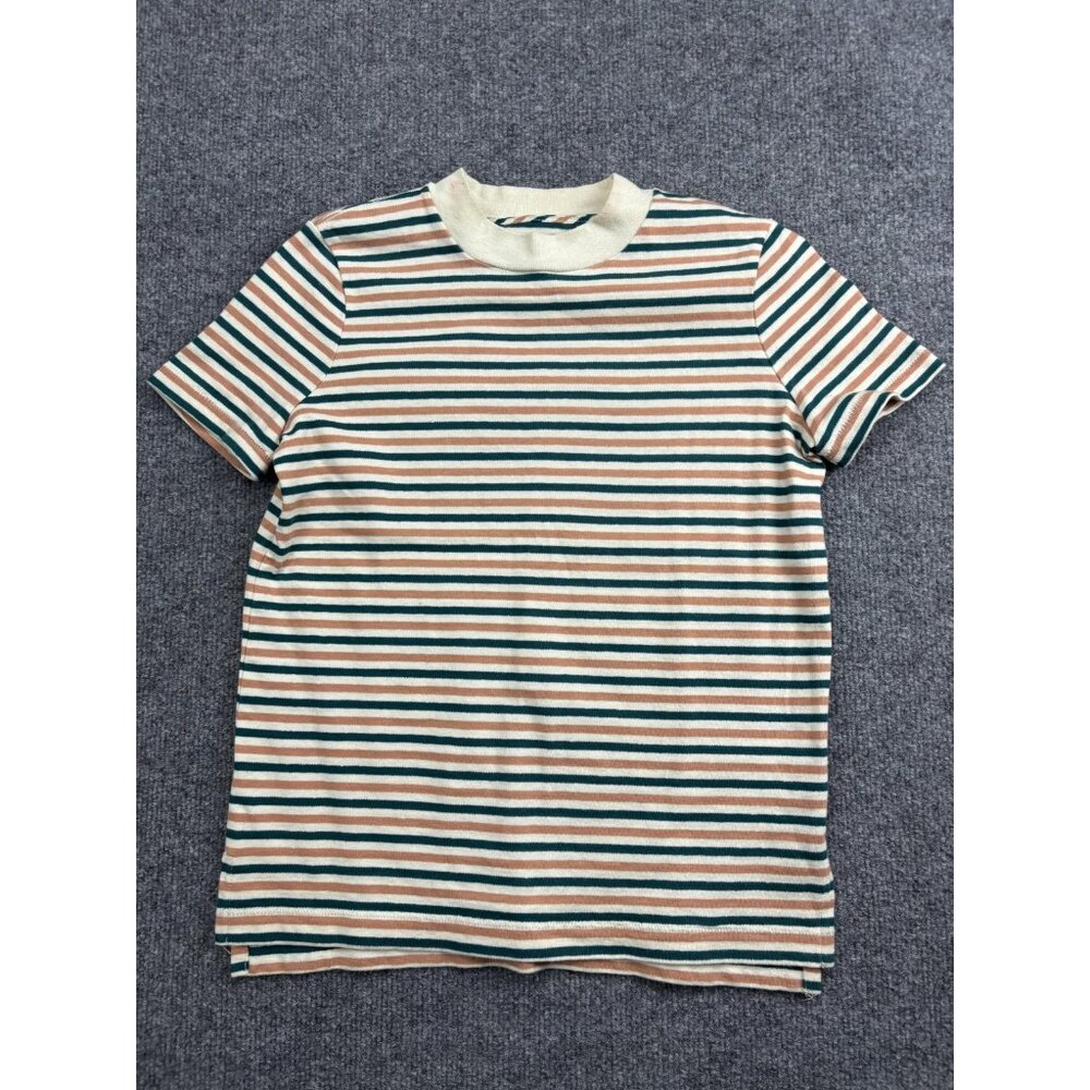 Madewell Shirt Womens XXS Ivory Green Peach Striped Mock Neck 100% Cotton Ribbed
